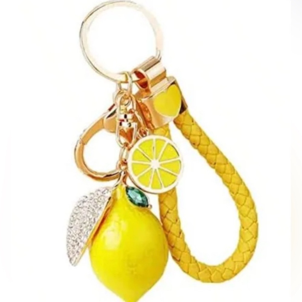 Bag Charm Yellow Lemon Keychain with Gold Accents